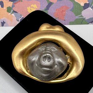 Ultra Craft Pewter Pig with Gold Hat Brooch